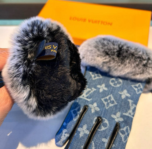 GUANTI SENZA DITA IN DENIM MONOGRAM BLU ELETTRICO E PELLE DI AGNELLO CON PELLICCIA DI CONIGLIO 458591