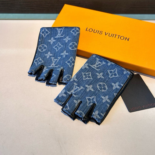 GUANTI SENZA DITA IN DENIM MONOGRAM BLU ELETTRICO E PELLE DI AGNELLO NERA 460107