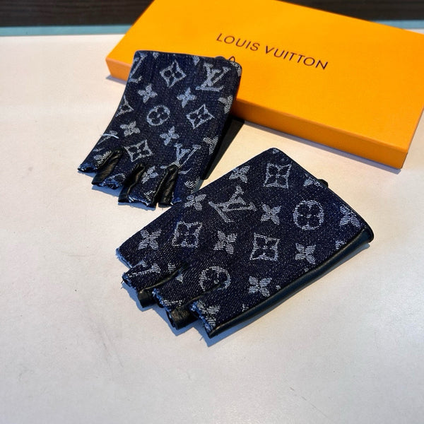 GUANTI SENZA DITA IN DENIM MONOGRAM NERO E PELLE DI AGNELLO 460108