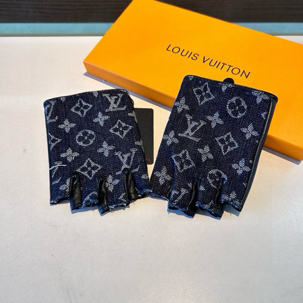 GUANTI SENZA DITA IN DENIM MONOGRAM NERO E PELLE DI AGNELLO 460108