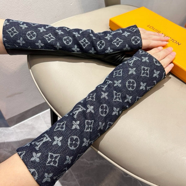 GUANTI LUNGHI SENZA DITA IN DENIM MONOGRAM NERO E PELLE DI AGNELLO