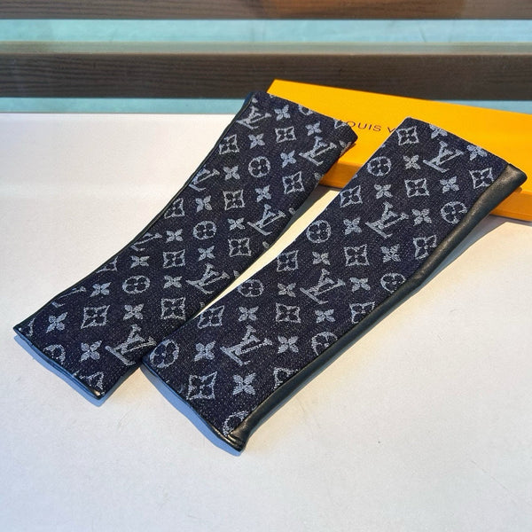 GUANTI LUNGHI SENZA DITA IN DENIM MONOGRAM NERO E PELLE DI AGNELLO