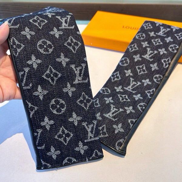 GUANTI LUNGHI SENZA DITA IN DENIM MONOGRAM NERO E PELLE DI AGNELLO