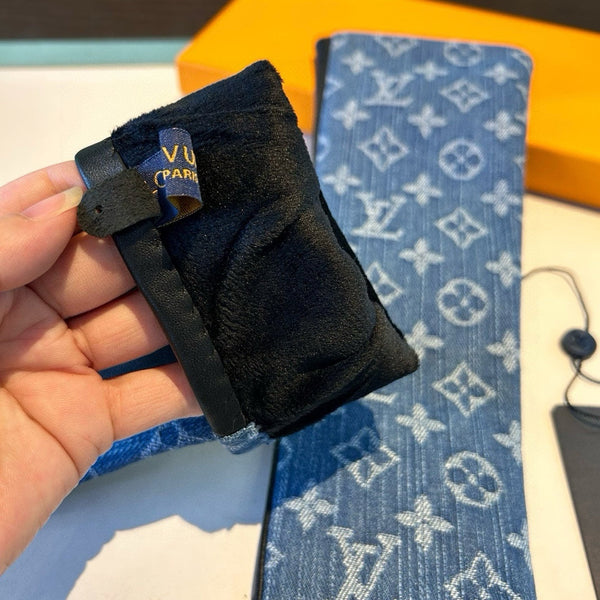 GUANTI LUNGHI SENZA DITA IN DENIM MONOGRAM AZZURRO E PELLE DI AGNELLO NERA