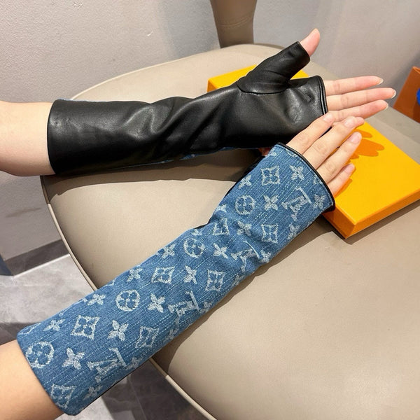 GUANTI LUNGHI SENZA DITA IN DENIM MONOGRAM AZZURRO E PELLE DI AGNELLO NERA