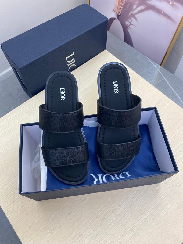 CD DOUBLE STRAP SLIPPER BLACK GRAINED CALFSKIN