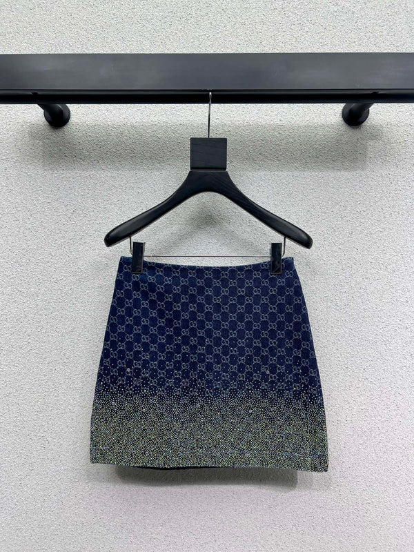 GG Blue Monogram Crystal Embellished Mini Skirt