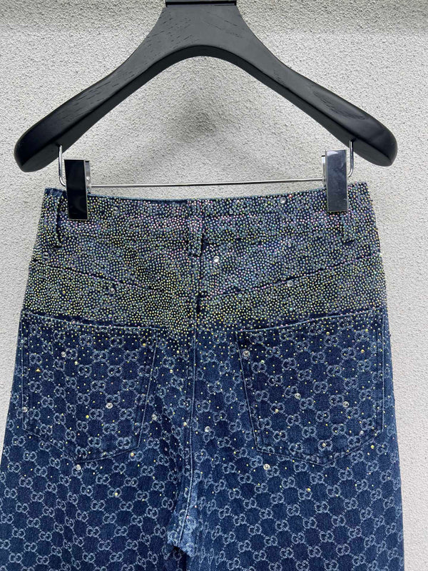 GG Blue Monogram Crystal Embellished Jean