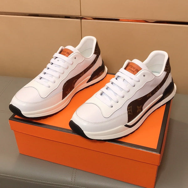 LV SNEAKERS IN GREY MIX BROWN CALFSKIN AND BRANDED PRINTED FABRIC