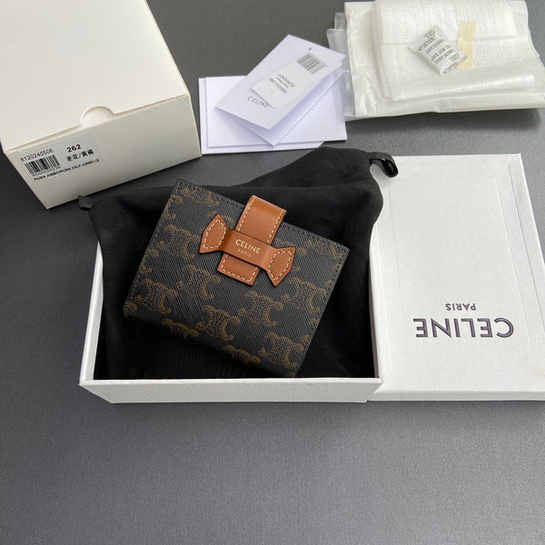 TRIOMPHE Celine Small Strap Wallet Tan Canvas&Cowhile