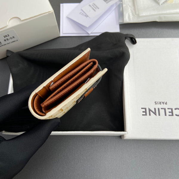 TRIOMPHE Celine Small Strap Wallet Beige Canvas&Cowhile