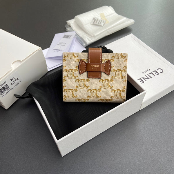 TRIOMPHE Celine Small Strap Wallet Beige Canvas&Cowhile