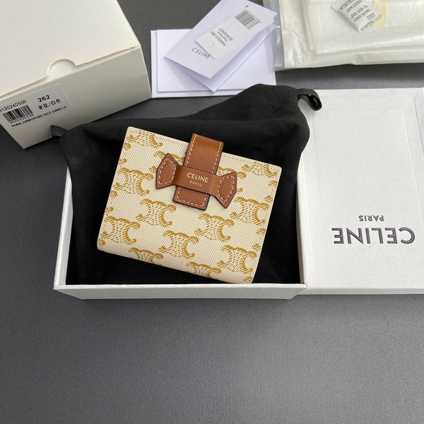 TRIOMPHE Celine Small Strap Wallet Beige Canvas&Cowhile