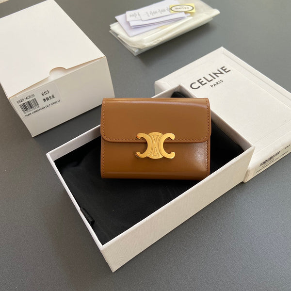 TRIOMPHE Compact Wallet With Coin Purse Tan Leather