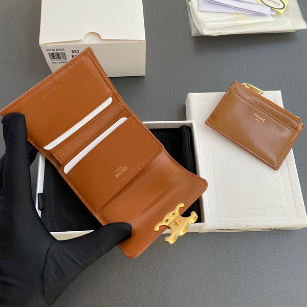 TRIOMPHE Compact Wallet With Coin Purse Tan Leather