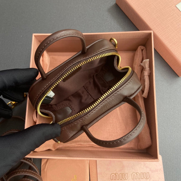 MICRO BAG KEYCHAIN 11 IN ROCK BROWN CALFSKIN EMBOSSED LOGO