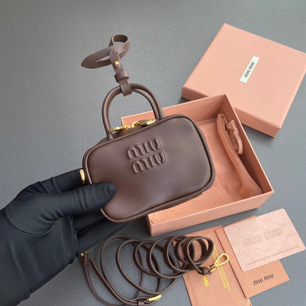 MICRO BAG KEYCHAIN 11 IN ROCK BROWN CALFSKIN EMBOSSED LOGO