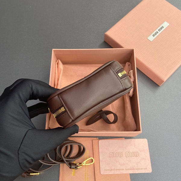 MICRO BAG KEYCHAIN 11 IN ROCK BROWN CALFSKIN EMBOSSED LOGO