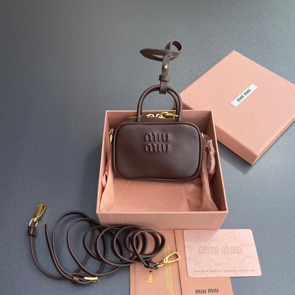 MICRO BAG KEYCHAIN 11 IN ROCK BROWN CALFSKIN EMBOSSED LOGO