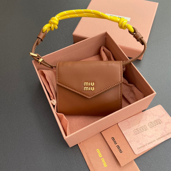Miu Logo Wallet On A Chain 10.5 Lettering Cognac Calfskin 240404