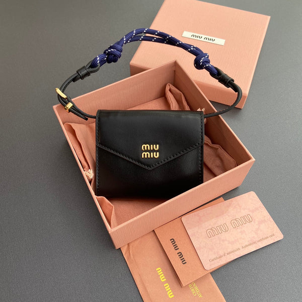 Miu Logo Wallet On A Chain 10.5 Lettering Black Calfskin 240406
