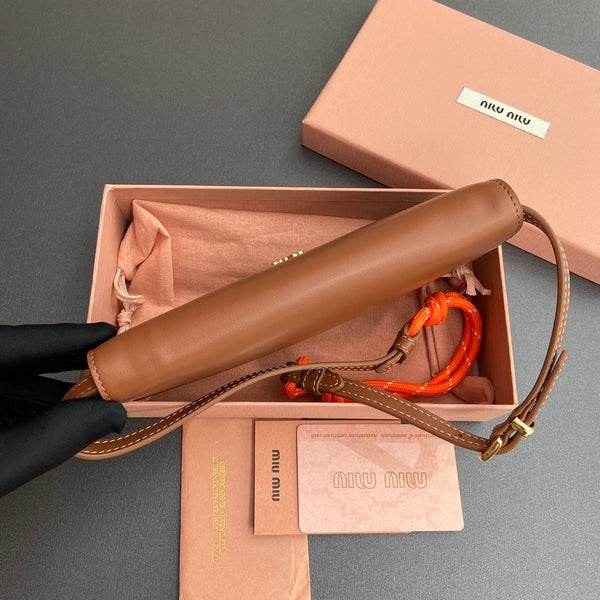 Miu Logo Wallet On A Chain 19 Lettering Cognac Calfskin 240409