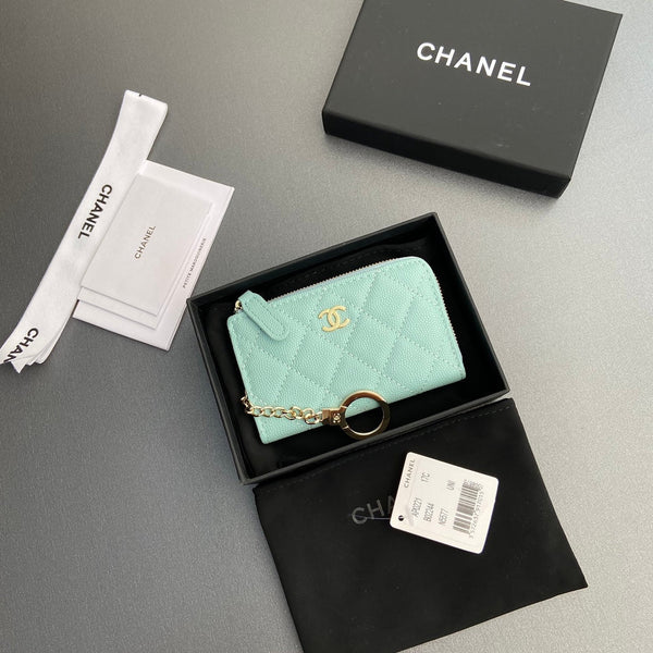 CC Hook & Chain Zipper Card Holder Light Blue Caviar GHW 234713