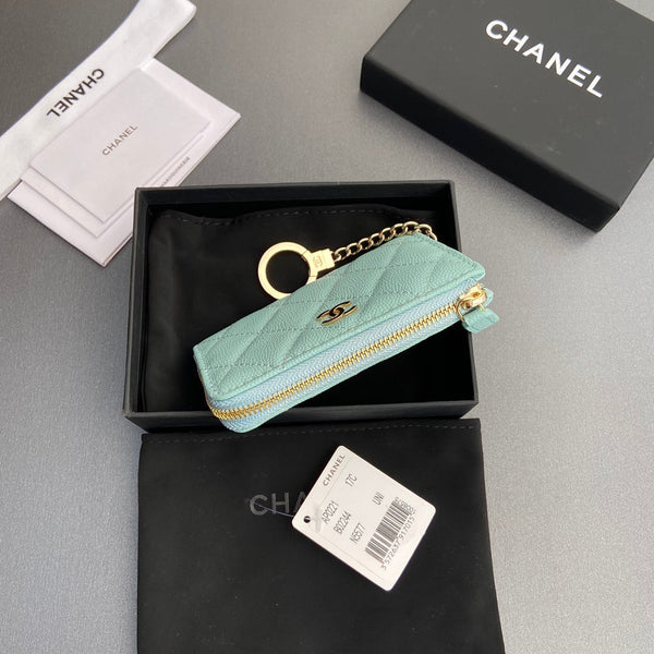 CC Hook & Chain Zipper Card Holder Light Blue Caviar GHW 234713