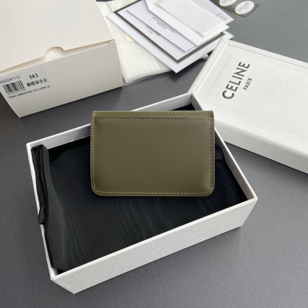 TRIOMPHE 10i583 Flap Card Holder Olive Green Shiny Cowhide