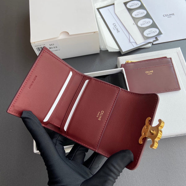TRIOMPHE Compact Wallet With Coin Purse Burgundy Leather