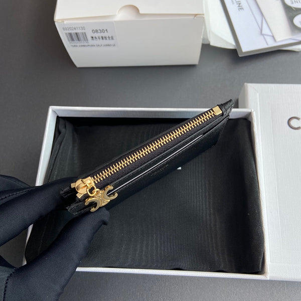 TRIOMPHE Zipped Card Holder Charms Black Grained Cowhide