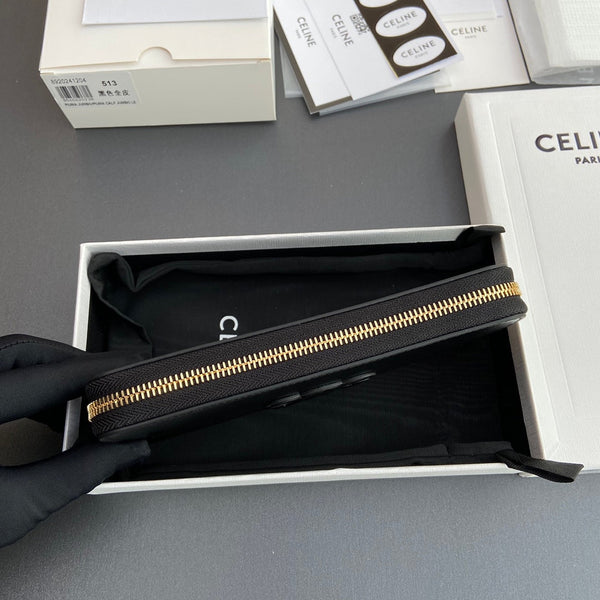 TRIOMPHE Long Zipper Closure Bag Black Shiny Cowhide