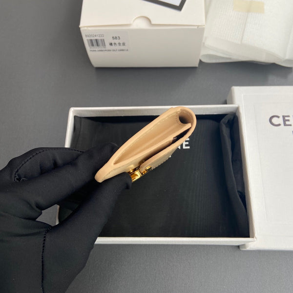 TRIOMPHE 10i583 Flap Card Holder Beige Shiny Cowhide