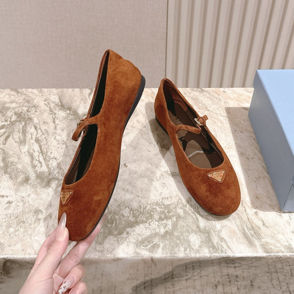 PRA 25s Ballet Flats with Small Buckle Chocolate Suede 449708