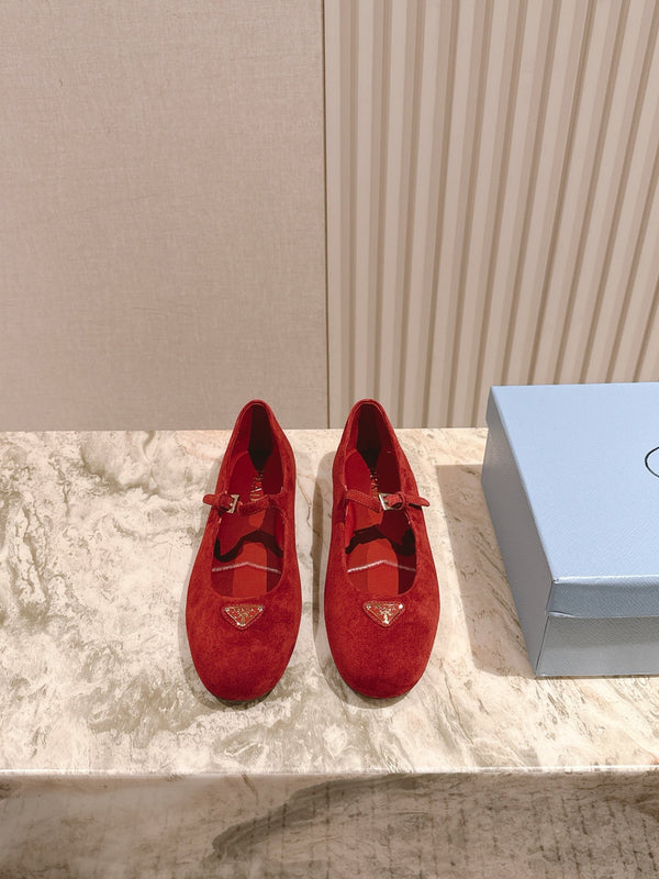 PRA 25s Ballet Flats with Small Buckle Red Suede 449709