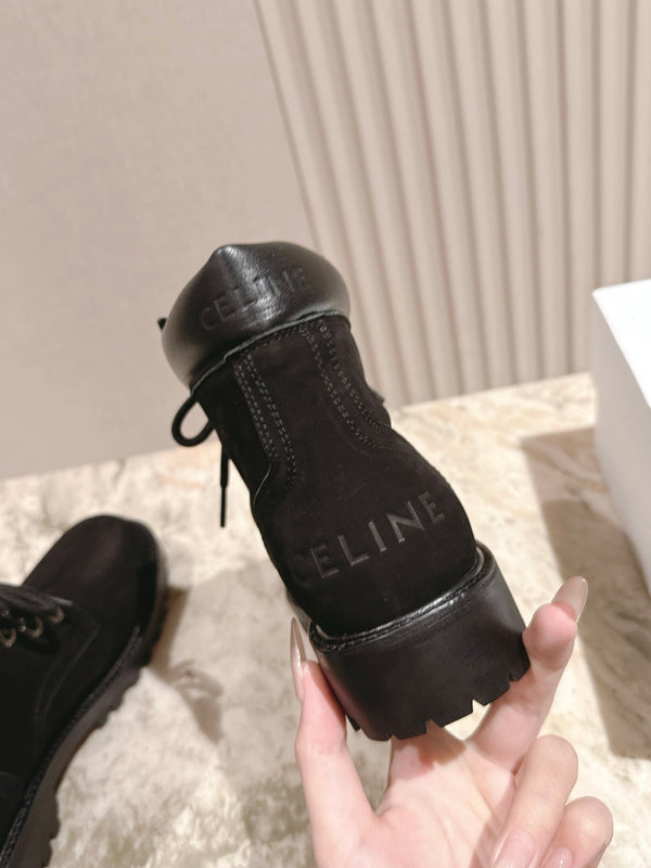CELINE Kurt Lace-Up Martin Short Boots Black Nubuck Calfskin 452783