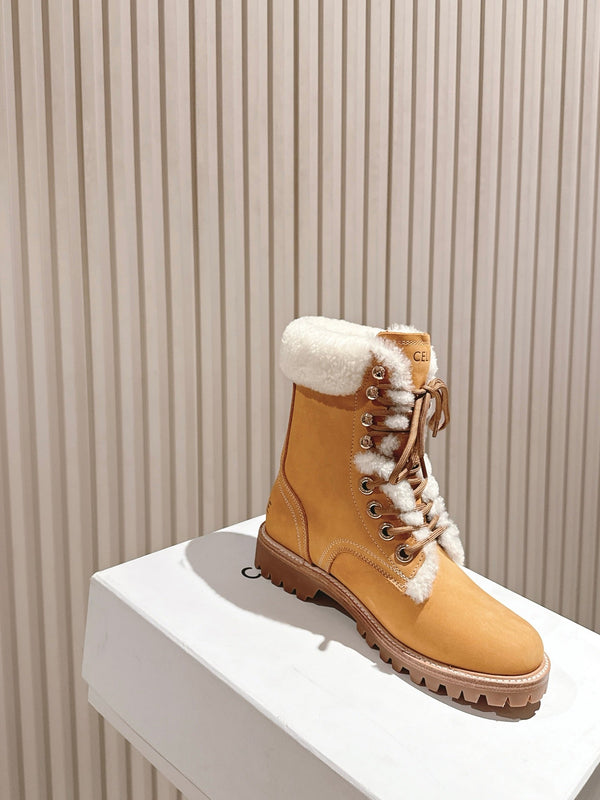 CELINE Kurt Lace-Up Mid Boot Light Brown Nubuck Calfskin And Shearling 452786