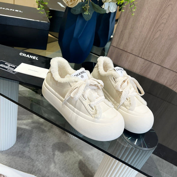 CC Sneaker Thick-Soled White Suede Wool Lining Fleece