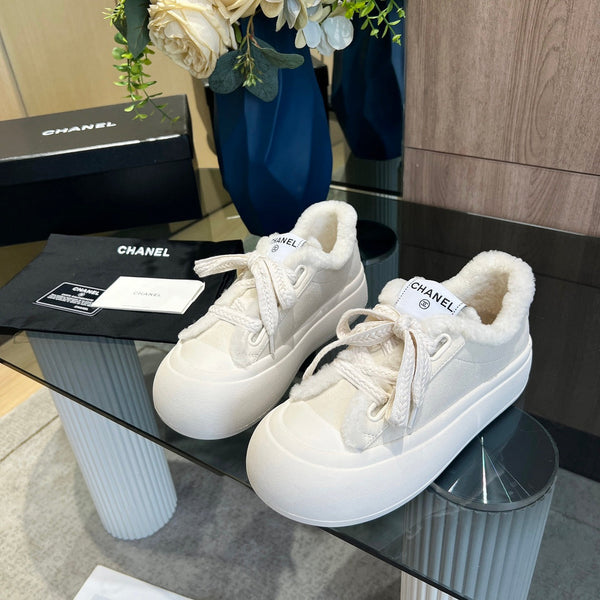 CC Sneaker Thick-Soled White Suede Wool Lining Fleece
