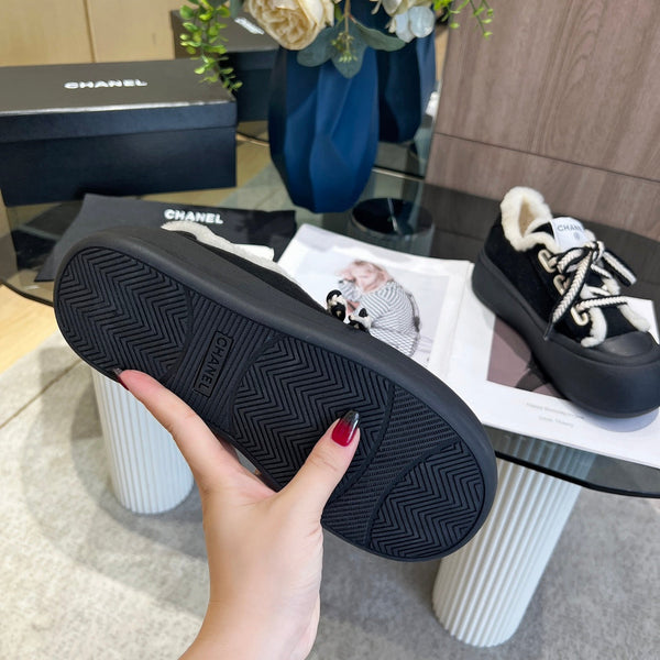 CC Sneaker Thick-Soled Black Suede Wool Lining Fleece