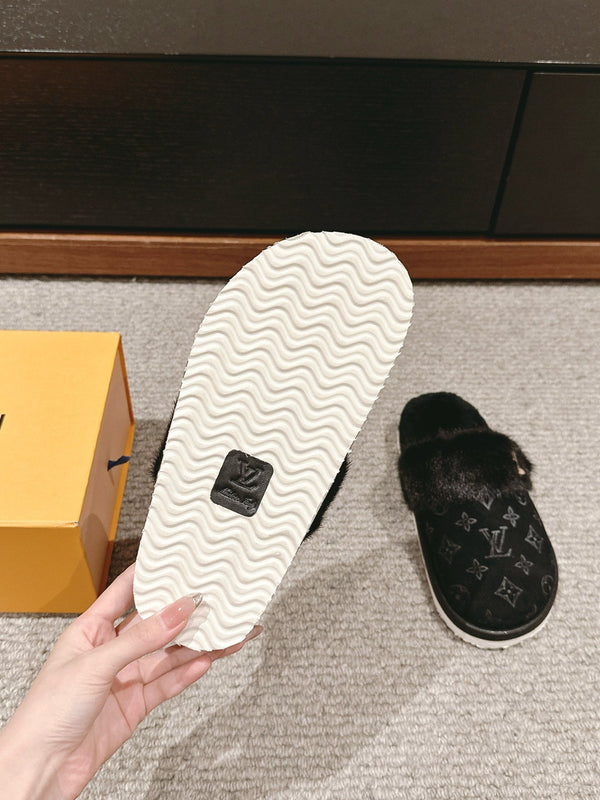 LV Flat Mule Black With Fur Monogram Suede