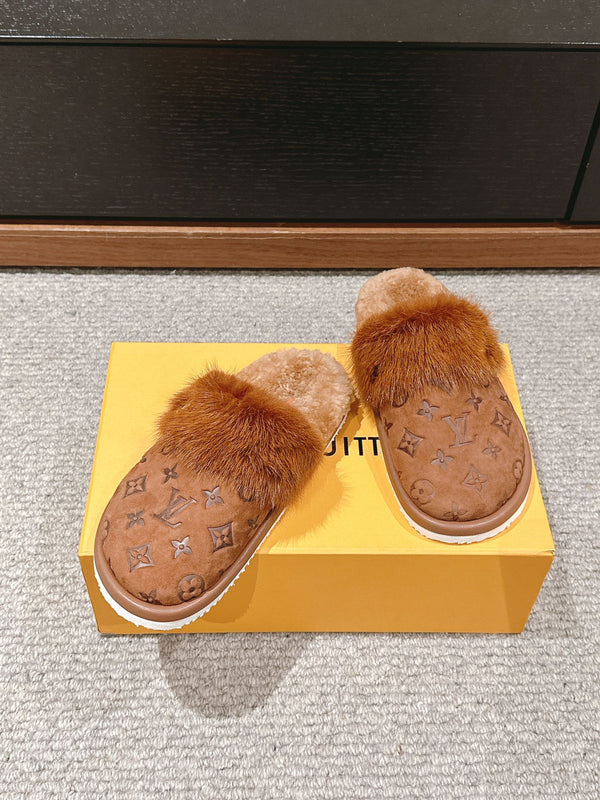 LV Flat Mule Brown With Fur Monogram Suede