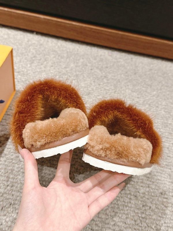 LV Flat Mule Brown With Fur Monogram Suede