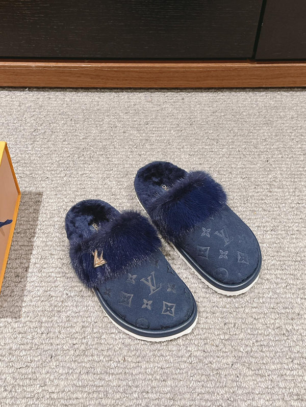 LV Flat Mule Charcoal Blue With Fur Monogram Suede