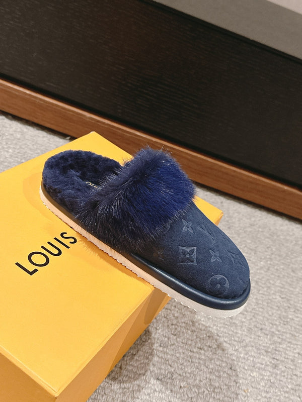 LV Flat Mule Charcoal Blue With Fur Monogram Suede