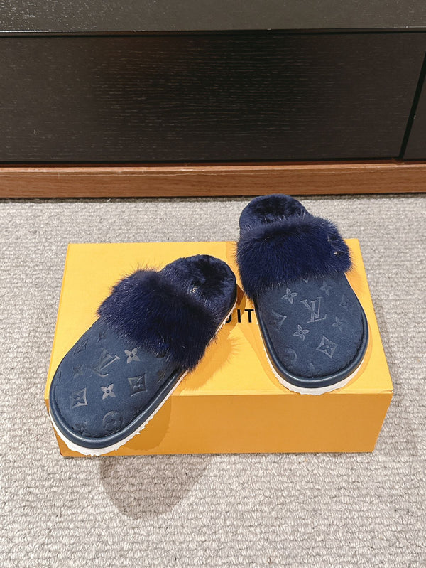 LV Flat Mule Charcoal Blue With Fur Monogram Suede