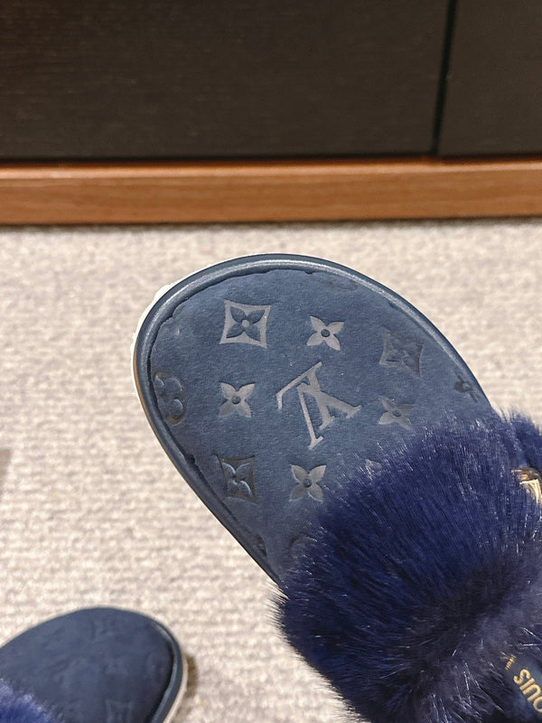 LV Flat Mule Charcoal Blue With Fur Monogram Suede