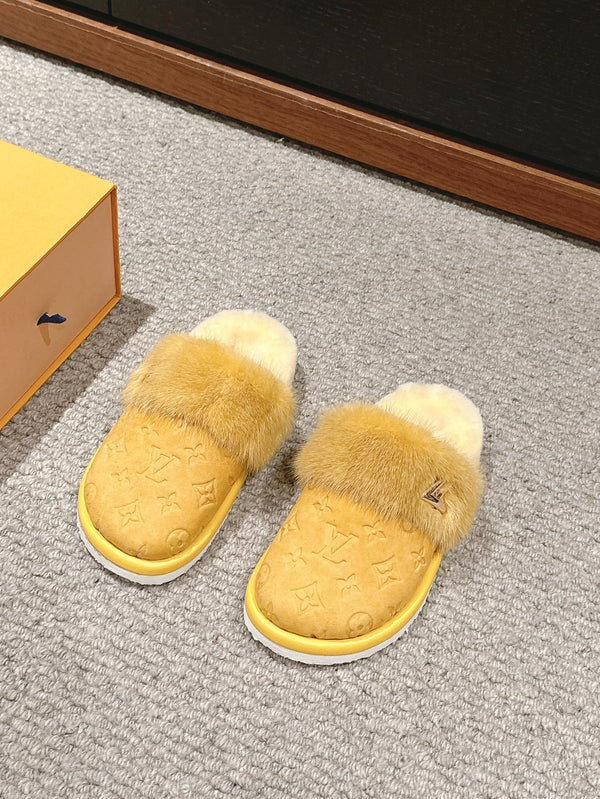 LV Flat Mule Yellow With Fur Monogram Suede
