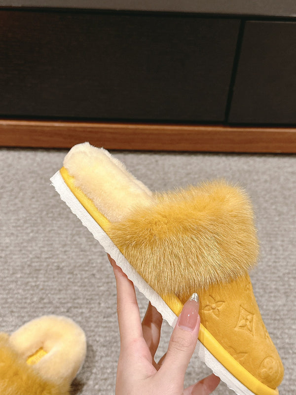 LV Flat Mule Yellow With Fur Monogram Suede