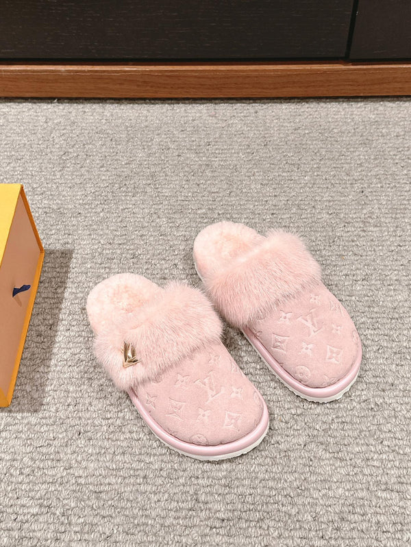 LV Flat Mule Pink With Fur Monogram Suede